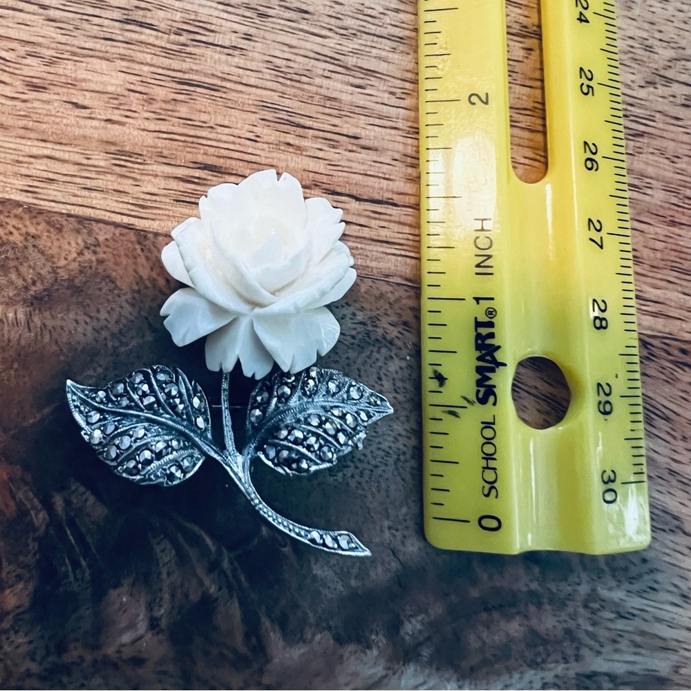 Vintage Art Deco Revival Sterling Silver and Bone Rose Brooch, Made in Germany